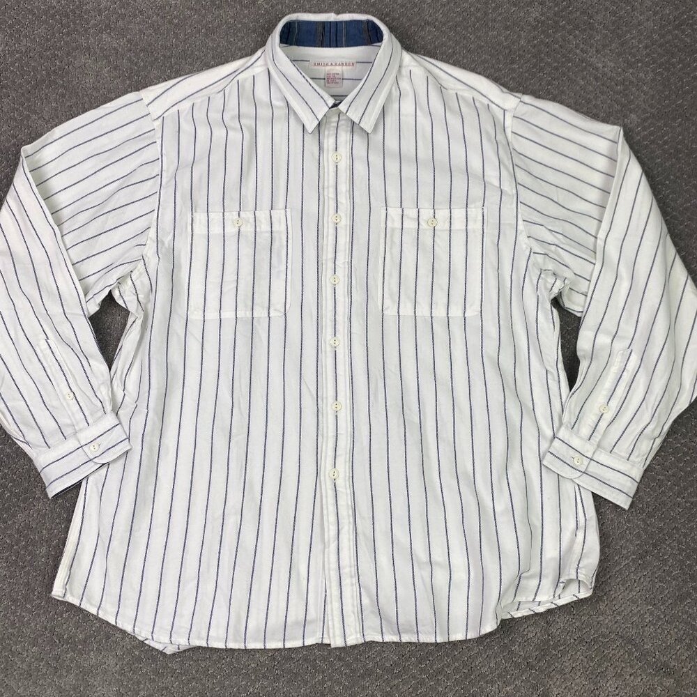 Vintage Smith & Hawken Shirt Men's XL White Blue Striped Button Down Up cotton